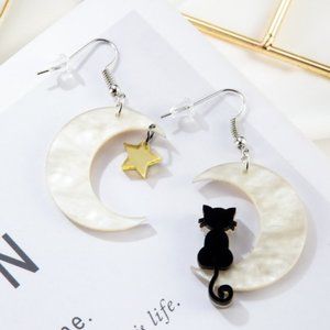 Black cat Moon and star Dangle Earrings